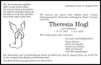 Traueranzeige von Theresia Hogl von Kreiszeitung Böblinger Bote