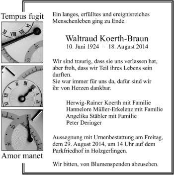 Traueranzeige von Waltraud Koerth-Braun von Kreiszeitung Böblinger Bote