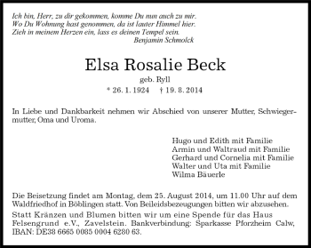 Traueranzeige von Elsa Rosalie Beck von Kreiszeitung Böblinger Bote