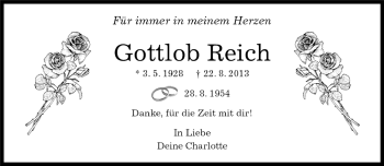 Traueranzeige von Gottlob Reich von Kreiszeitung Böblinger Bote