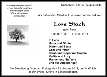 Traueranzeige von Lore Stach von Kreiszeitung Böblinger Bote