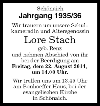 Traueranzeige von Lore Stach von Kreiszeitung Böblinger Bote