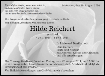 Traueranzeige von Hilde Reichert von Kreiszeitung Böblinger Bote
