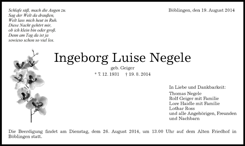  Traueranzeige für Ingeborg Luise Negele vom 20.08.2014 aus Kreiszeitung Böblinger Bote