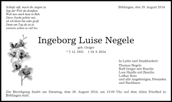 Traueranzeige von Ingeborg Luise Negele von Kreiszeitung Böblinger Bote