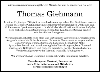 Traueranzeige von Thomas Giehmann von Kreiszeitung Böblinger Bote