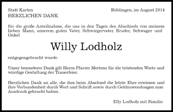 Traueranzeige von Willy Lodholz von Kreiszeitung Böblinger Bote