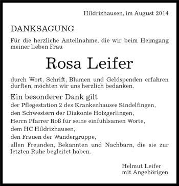 Traueranzeige von Rosa Leifer von Kreiszeitung Böblinger Bote
