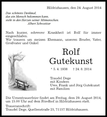 Traueranzeige von Rofl Gutekunst von Kreiszeitung Böblinger Bote