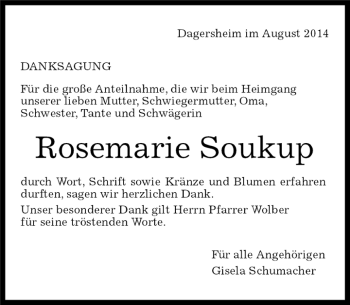 Traueranzeige von Rosemarie Soukup von Kreiszeitung Böblinger Bote