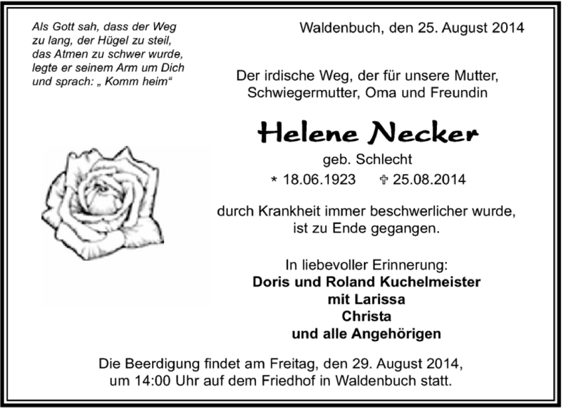  Traueranzeige für Helene Necker vom 26.08.2014 aus Kreiszeitung Böblinger Bote
