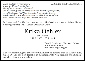 Traueranzeige von Erika Oehler von Kreiszeitung Böblinger Bote