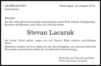 Traueranzeige von Stevan Lacarak von Kreiszeitung Böblinger Bote