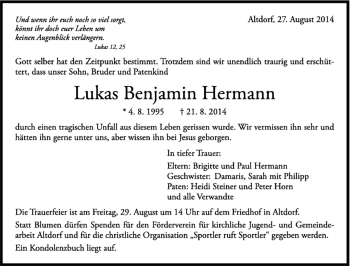 Traueranzeige von Lukas Benjamin  Hermann von Kreiszeitung Böblinger Bote