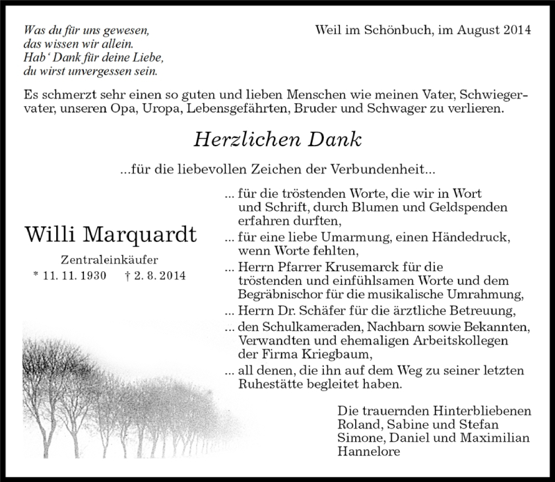  Traueranzeige für Willi Marquardt vom 27.08.2014 aus Kreiszeitung Böblinger Bote