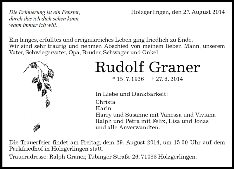  Traueranzeige für Rudolf Graner vom 27.08.2014 aus Kreiszeitung Böblinger Bote