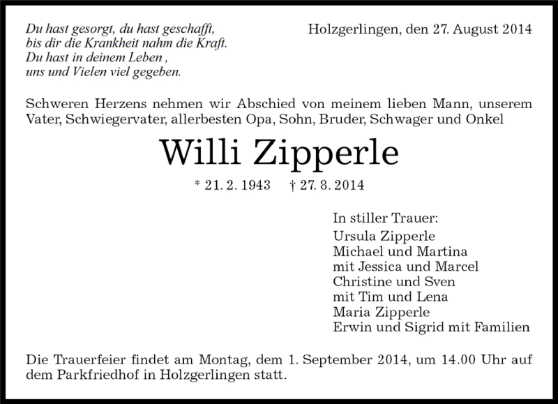  Traueranzeige für Willi Zpperle vom 28.08.2014 aus Kreiszeitung Böblinger Bote