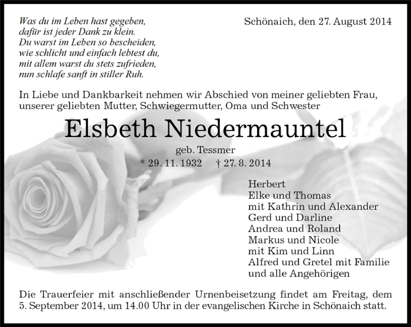  Traueranzeige für Elsbeth Niedermauntel vom 28.08.2014 aus Kreiszeitung Böblinger Bote