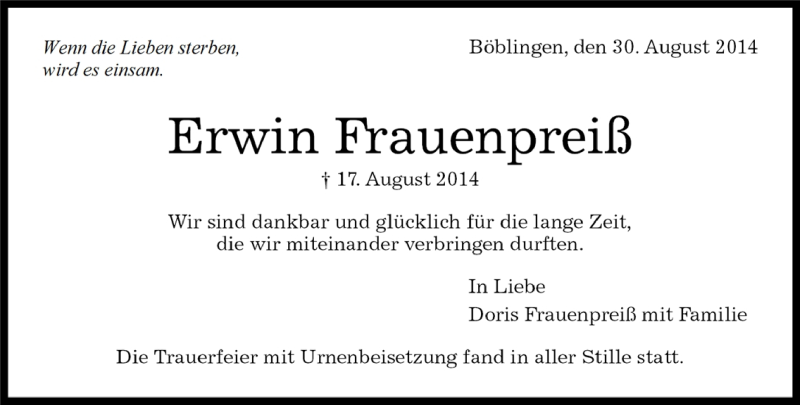  Traueranzeige für Erwin Frauenpreiß vom 29.08.2014 aus Kreiszeitung Böblinger Bote