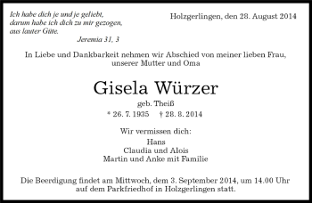 Traueranzeige von Gisela Würzer von Kreiszeitung Böblinger Bote