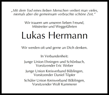 Traueranzeige von Lukas Hermann von Kreiszeitung Böblinger Bote