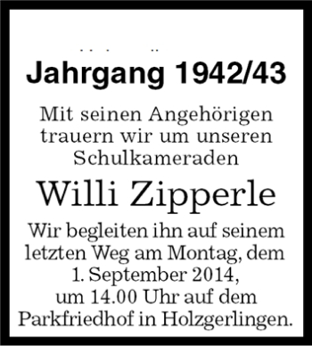 Traueranzeige von Willi Zipperle von Kreiszeitung Böblinger Bote