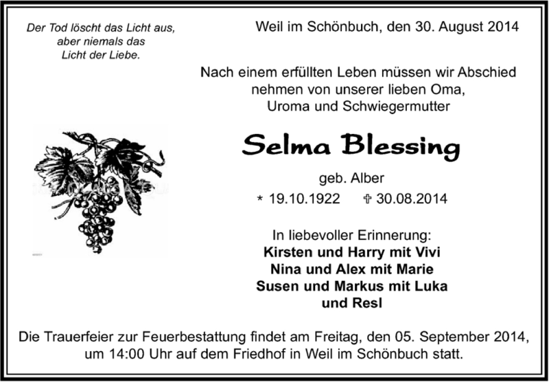  Traueranzeige für Selma Blessing vom 01.09.2014 aus Kreiszeitung Böblinger Bote