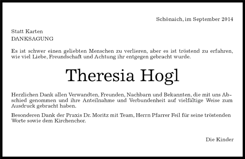  Traueranzeige für Theresia Hogl vom 01.09.2014 aus Kreiszeitung Böblinger Bote