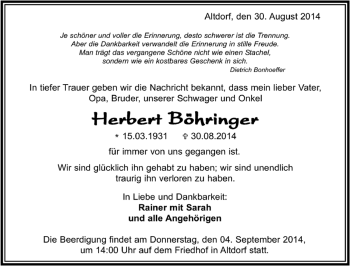 Traueranzeige von Herbert Böhringer von Kreiszeitung Böblinger Bote