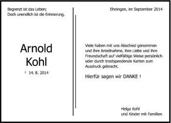 Traueranzeige von Arnold Kohl von Kreiszeitung Böblinger Bote