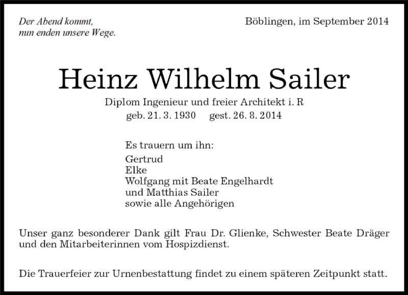  Traueranzeige für Heinz Wilhelm Sailer vom 01.09.2014 aus Kreiszeitung Böblinger Bote
