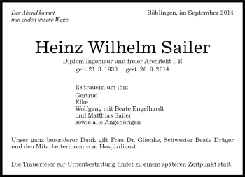 Traueranzeige von Heinz Wilhelm Sailer von Kreiszeitung Böblinger Bote