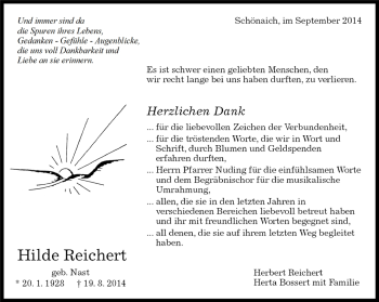 Traueranzeige von Hilde Reichert von Kreiszeitung Böblinger Bote