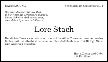 Traueranzeige von Lore Stach von Kreiszeitung Böblinger Bote