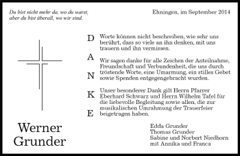 Traueranzeige von Werner Grunder von Kreiszeitung Böblinger Bote