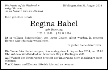 Traueranzeige von Regina Babel von Kreiszeitung Böblinger Bote