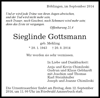 Traueranzeige von Sieglinde Gottsmann von Kreiszeitung Böblinger Bote