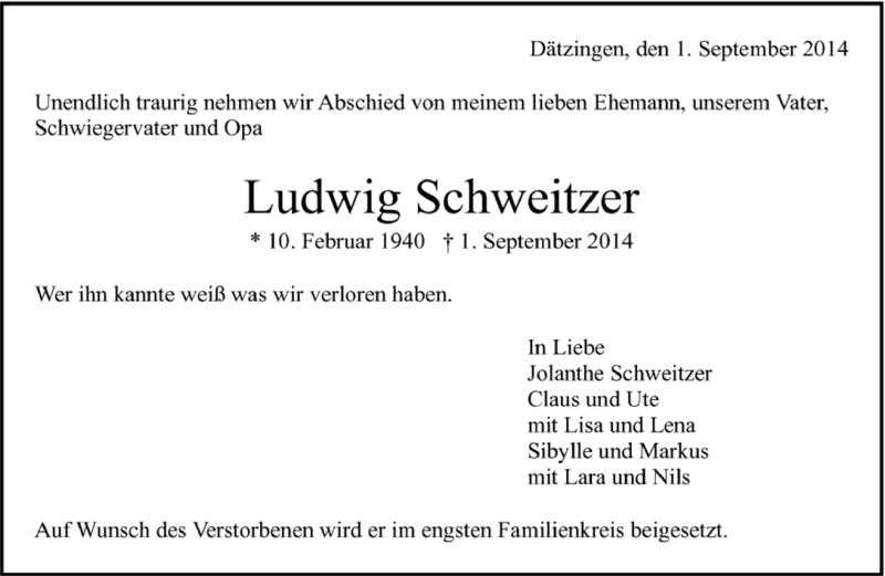  Traueranzeige für Ludwig Schweitzer vom 02.09.2014 aus Kreiszeitung Böblinger Bote