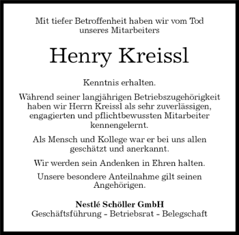 Traueranzeige von Henry Kreissl von Kreiszeitung Böblinger Bote