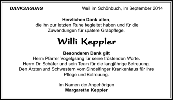 Traueranzeige von Willi Keppler von Kreiszeitung Böblinger Bote