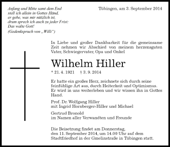 Traueranzeige von Wilhelm Hiller von Kreiszeitung Böblinger Bote