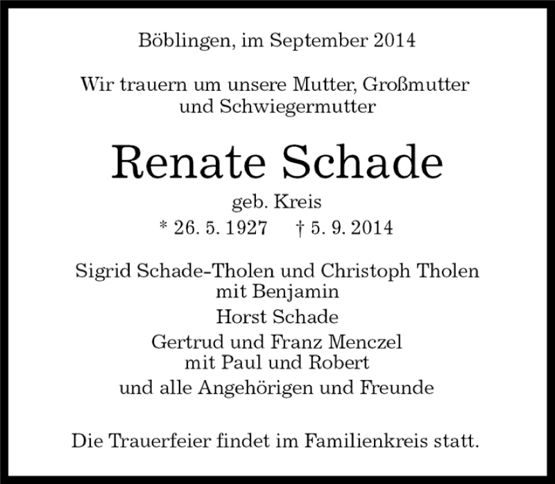  Traueranzeige für Renate Schade vom 06.09.2014 aus Kreiszeitung Böblinger Bote