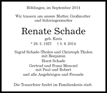 Traueranzeige von Renate Schade von Kreiszeitung Böblinger Bote