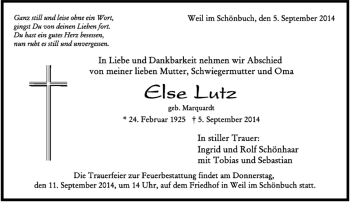 Traueranzeige von Else Lutz von Kreiszeitung Böblinger Bote