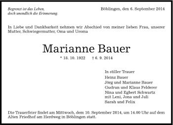 Traueranzeige von Marianne Bauer von Kreiszeitung Böblinger Bote