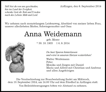 Traueranzeige von Anna Weidemann von Kreiszeitung Böblinger Bote
