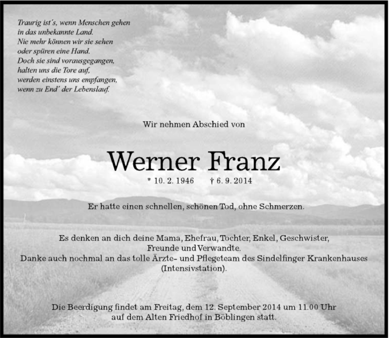  Traueranzeige für Werner Franz vom 10.09.2014 aus Kreiszeitung Böblinger Bote