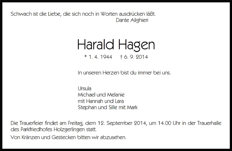  Traueranzeige für Harald Hagen vom 10.09.2014 aus Kreiszeitung Böblinger Bote