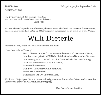 Traueranzeige von Willi Dieterle von Kreiszeitung Böblinger Bote