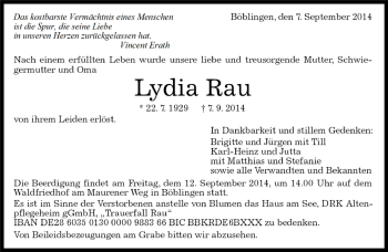 Traueranzeige von Lydia Rau von Kreiszeitung Böblinger Bote